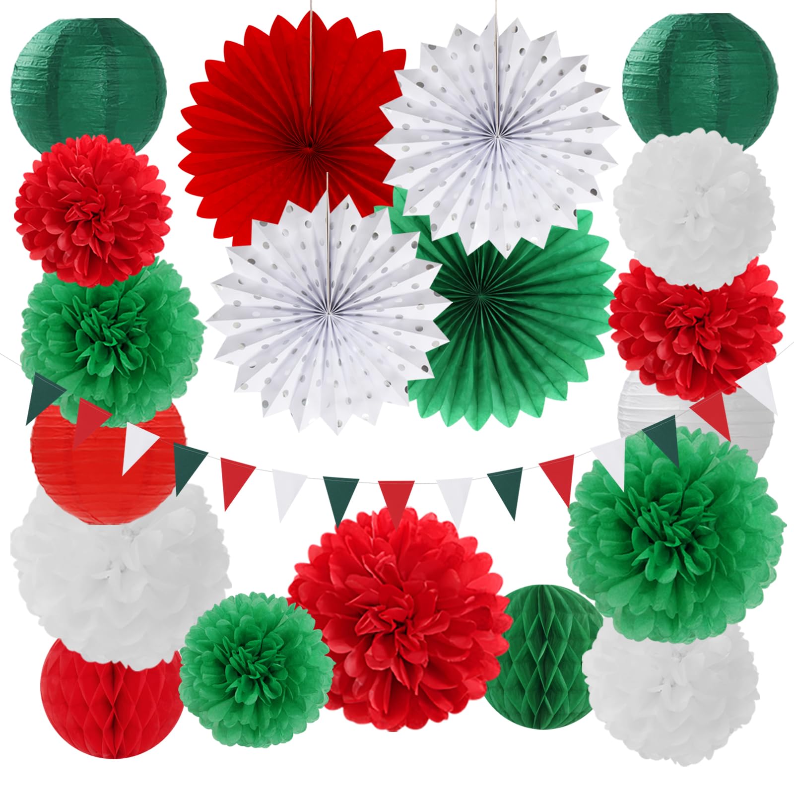 Red Green-White Christmas Party Decorations - 20pcs Mexican Italian Paper Lanterns Fans,Tissue Pom Poms,Honeycomb Balls,Bunting,Birthday Mexico Italy Baby Shower Wedding Decor