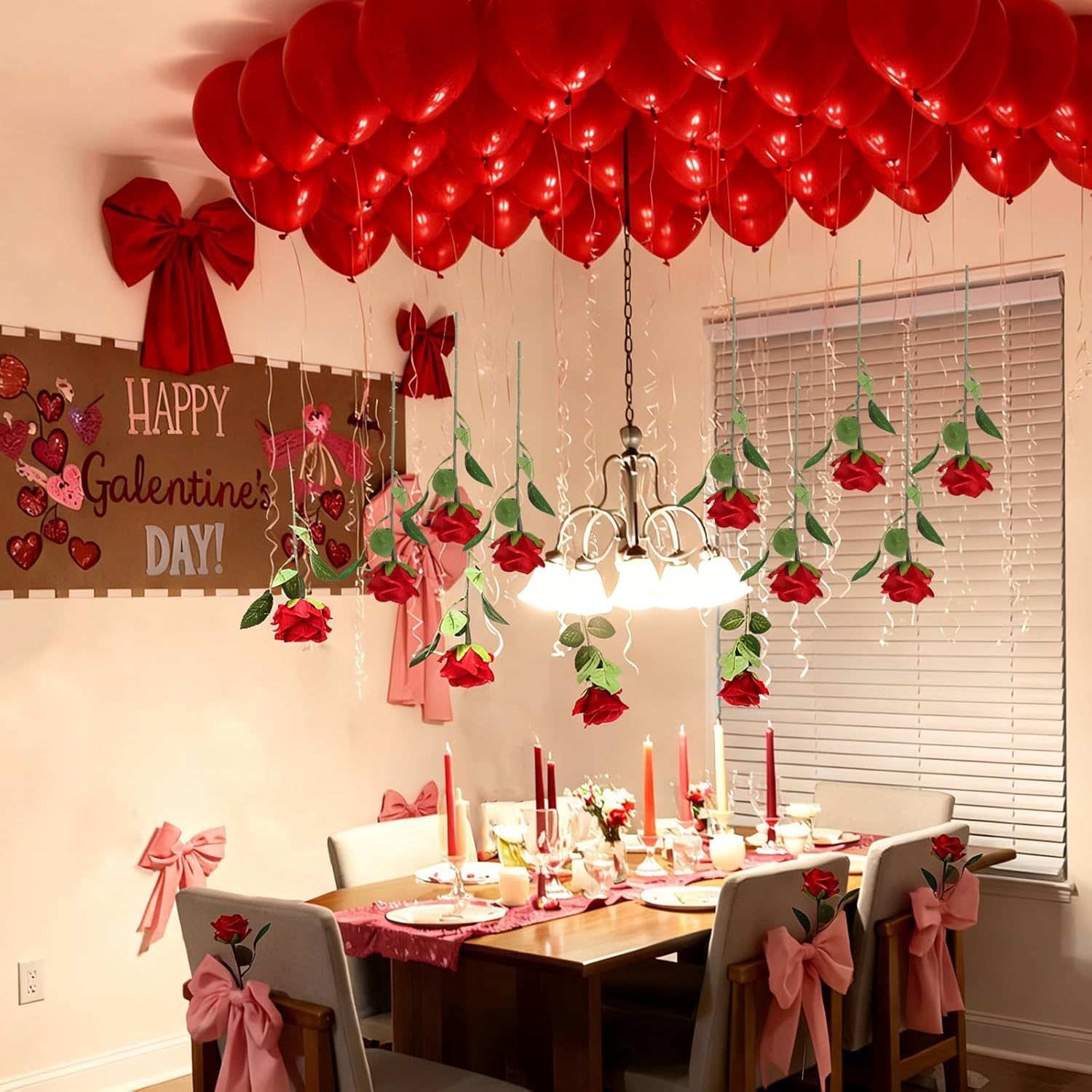 30 Set Valentine'S Day Red Rose Hanging Garland Set 30 Valentines Balloons 30 Artificial Artificial Rose Decor Diy Floating Flower String Garland For Valentine Galentines Ceiling Wedding Home