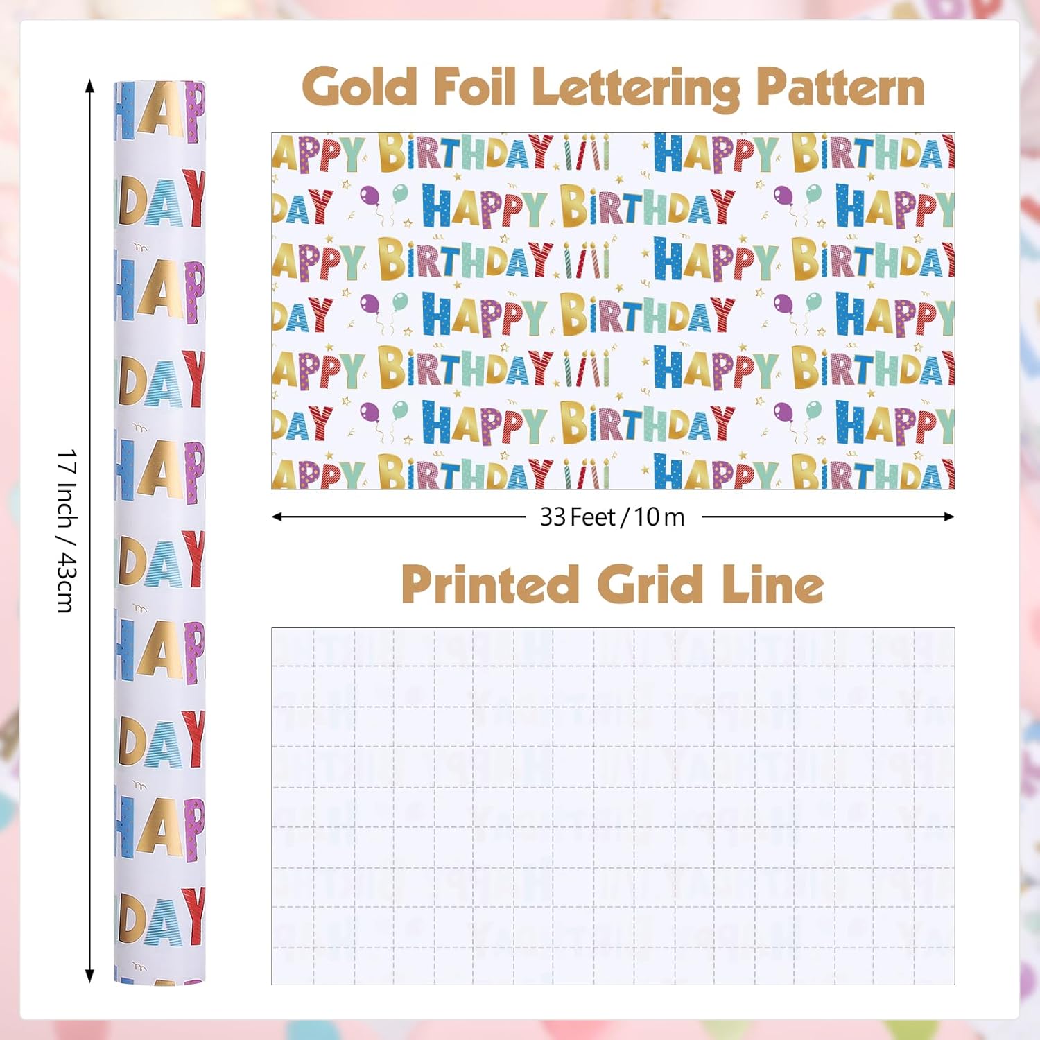 Birthday Wrapping Paper Roll 17 Inch X 33 Feet Colorful Foil Happy Birthday Lettering Candles Gift Wrapping Paper For Baby Shower Holiday Party