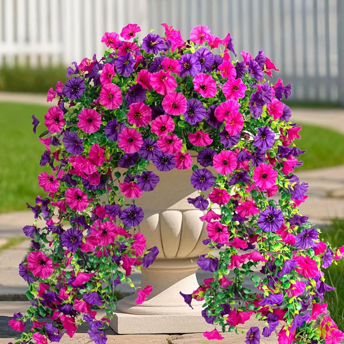 4Pcs Artificial Morning Glory Flowers With Eucalyptus Bouquet Lifelike Uv Resistant Fake Plants Silk Hanging Flowers For Outdoor Yard Porch Patio Balcony Home Decor (Purple&Fuchsia)