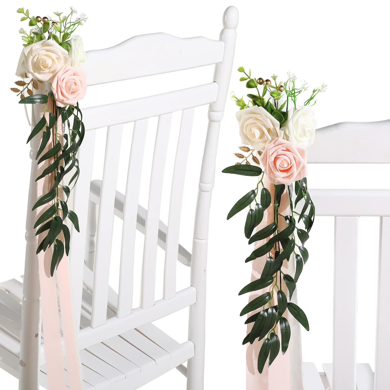 16 Pcs Wedding Aisle Decorations For Wedding Ceremony Pew Artificial Flowers Rose For Church Chair Back Floral With Eucalyptus Leaves And Ribbons Ceremony Party Decor(Pink, Beige)