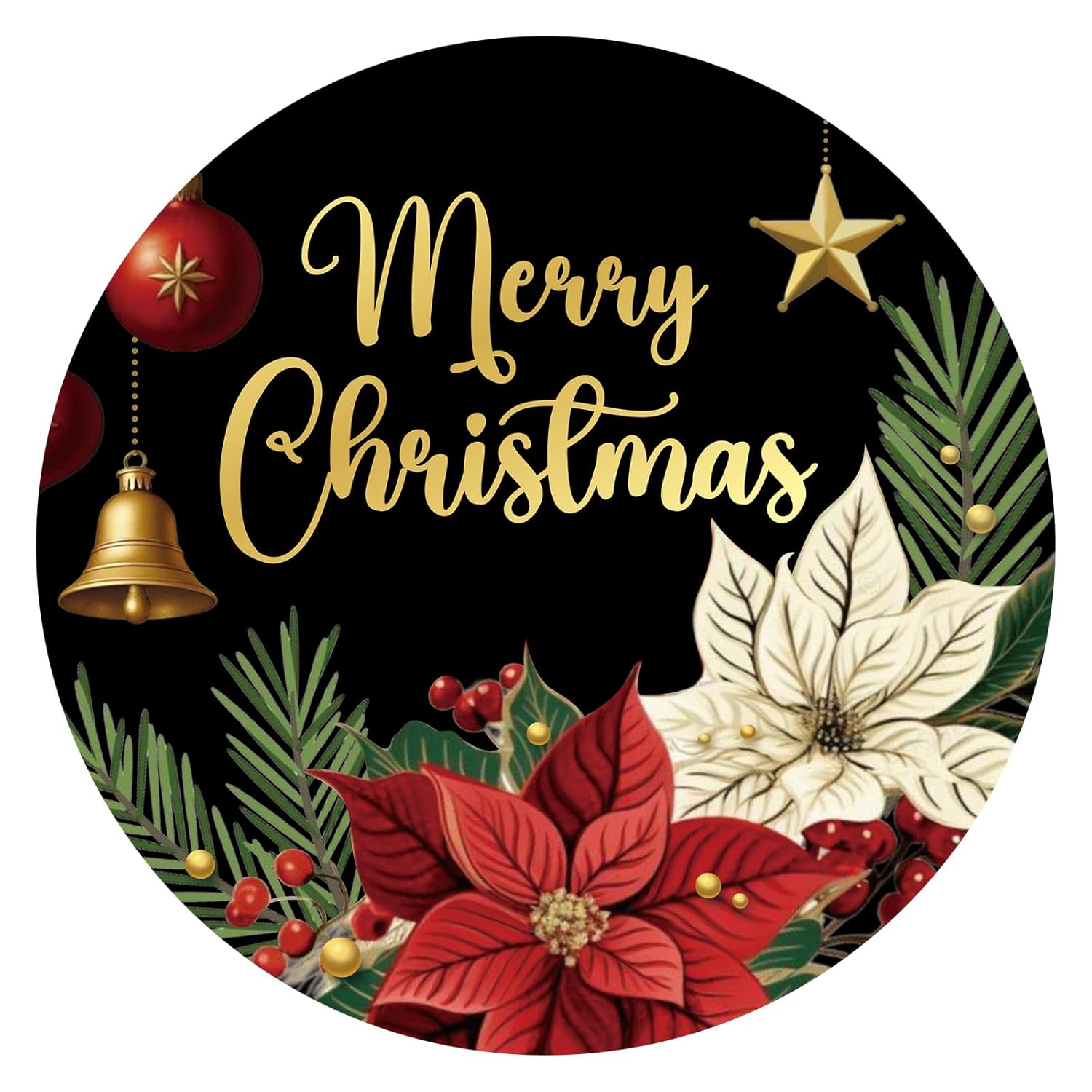 Merry Christmas Stickers - 2 Inch Holiday Stickers 120Pcs Large Round Christmas Card Sticker Labels Self-Adhesive Xmas Poinsettias Sticker For Envelope Seals Card Ornament (Black)