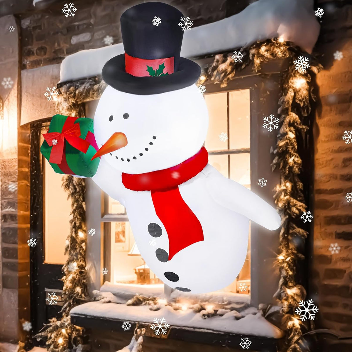 3.5Ft Christmas Inflatable Snowman With Gift Box Snowman Window Inflatable Blow Up Decoration With Build In Led And Fan
