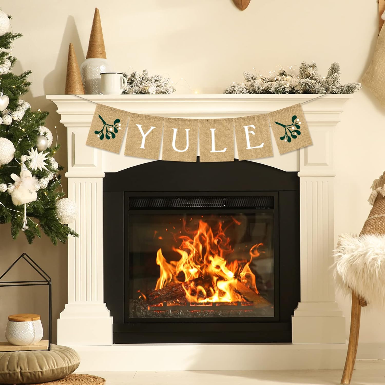Yule Burlap Banner Rustic Christmas Mistletoe Hanging Banner Pre-Assembled Xmas Bunting Garland Celebration Hanging Decorations For Christmas Party Supplies Home Decoration