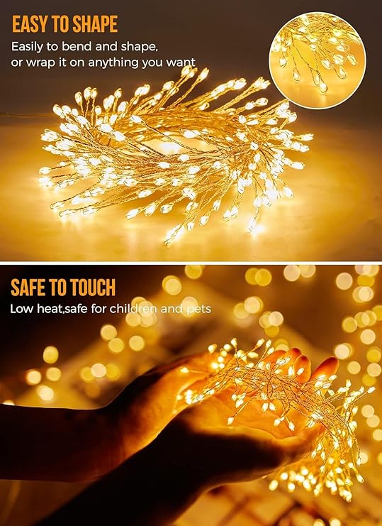 10FT 120 LED Solar Fairy Lights Outdoor Waterproof Warm White Firecracker String Lights with 8 Modes for Patio Garden Yard Party Decor