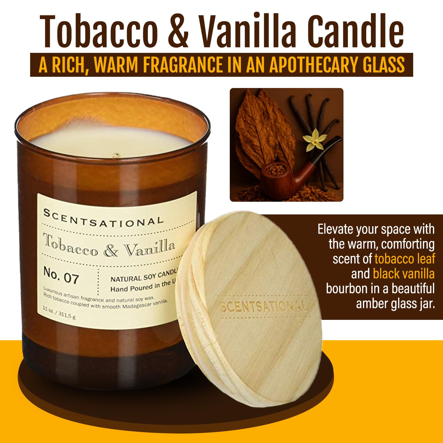 Apothecary Tobacco & Vanilla Candle – 11 Oz Hand-Poured Soy Wax Jar Candle – Non-Toxic Luxury Candles For Home Décor & Relaxation – Warm Vanilla & Tobacco Scented Candles