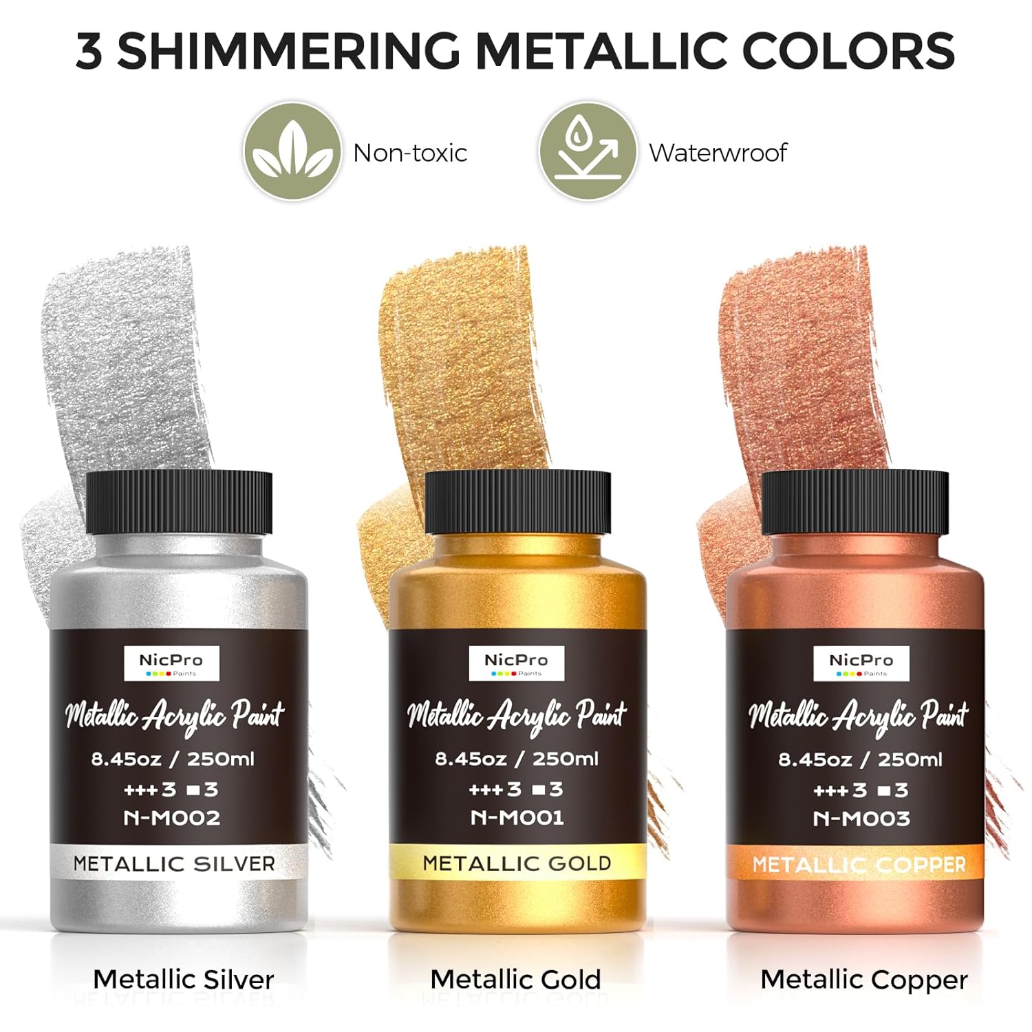 Acrylic Paint Metallic, 3 Colors Gold, Silver, Copper 25.35Oz/750Ml Gold Leaf Paint, Non Toxic, Non Fading For Art Painting, Handcrafts, Ideal For Multi-Surface, Canvas, Wood, Clay, Metal