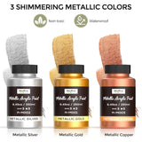 Acrylic Paint Metallic, 3 Colors Gold, Silver, Copper 25.35Oz/750Ml Gold Leaf Paint, Non Toxic, Non Fading For Art Painting, Handcrafts, Ideal For Multi-Surface, Canvas, Wood, Clay, Metal