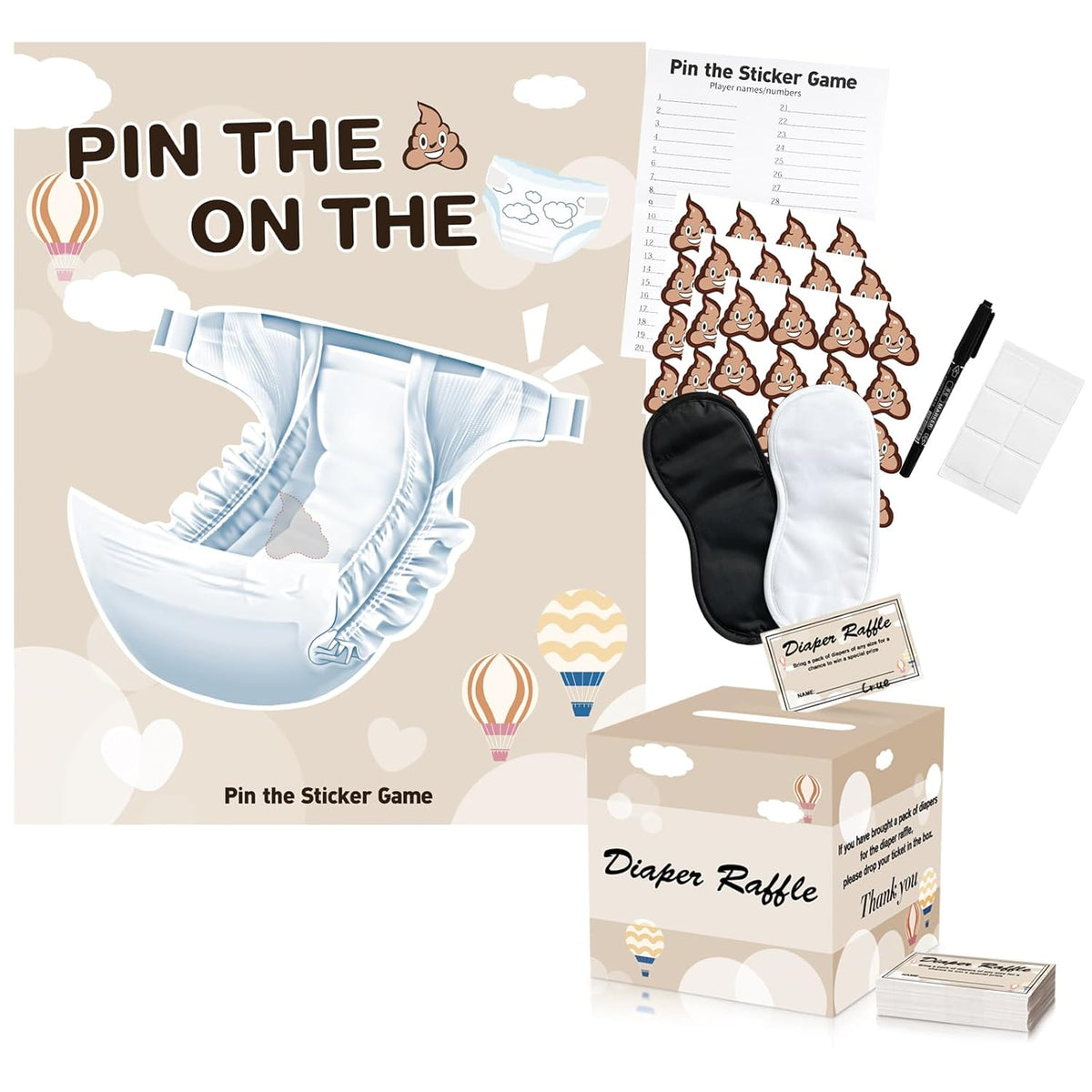 Baby Shower Games Set: Pin The Sticker On The Diaper Game & 50 Pcs Diaper Raffle Tickets With Box For Gender Reveal Party Decorations