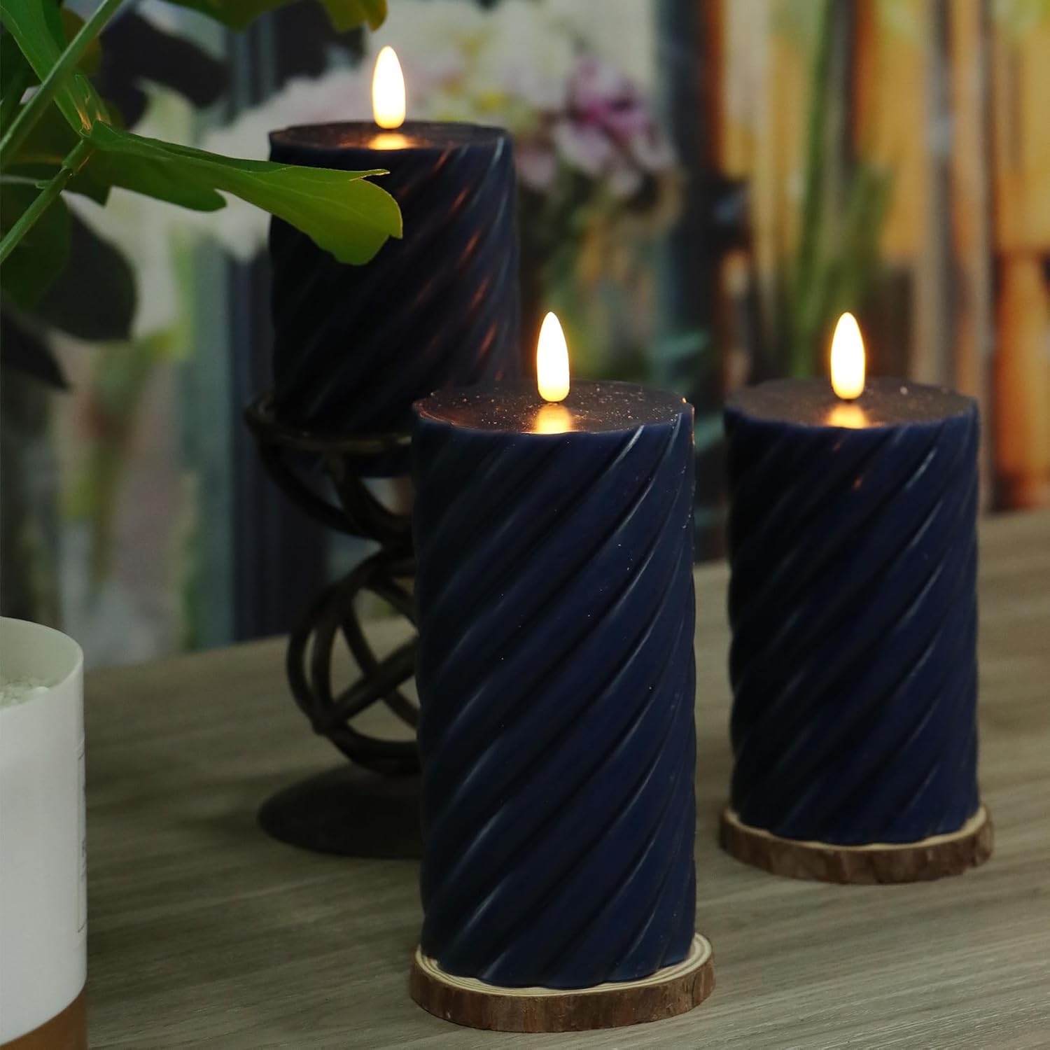 Real Wax Spiral Flameless Candles With Timer Battery Operated Led Pillar Candles Flickering Flame Electric Lights For Wedding Holiday Party Home Decor Valentine'S Day Christmas Gifts,3 Pack(Navy)