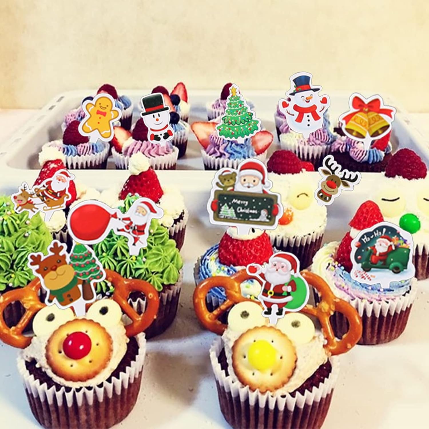 Christmas Cupcake Toppers, 74 Pieces Cute Cupcake Decorations Santas Tree Snowman Cake Toppers For Merry Christmas New Year Parties