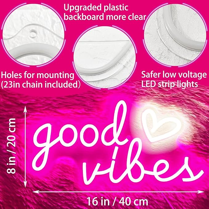 Good Vibes Neon Sign Pink Heart LED Wall Light USB Powered for Bedroom Game Room Decor