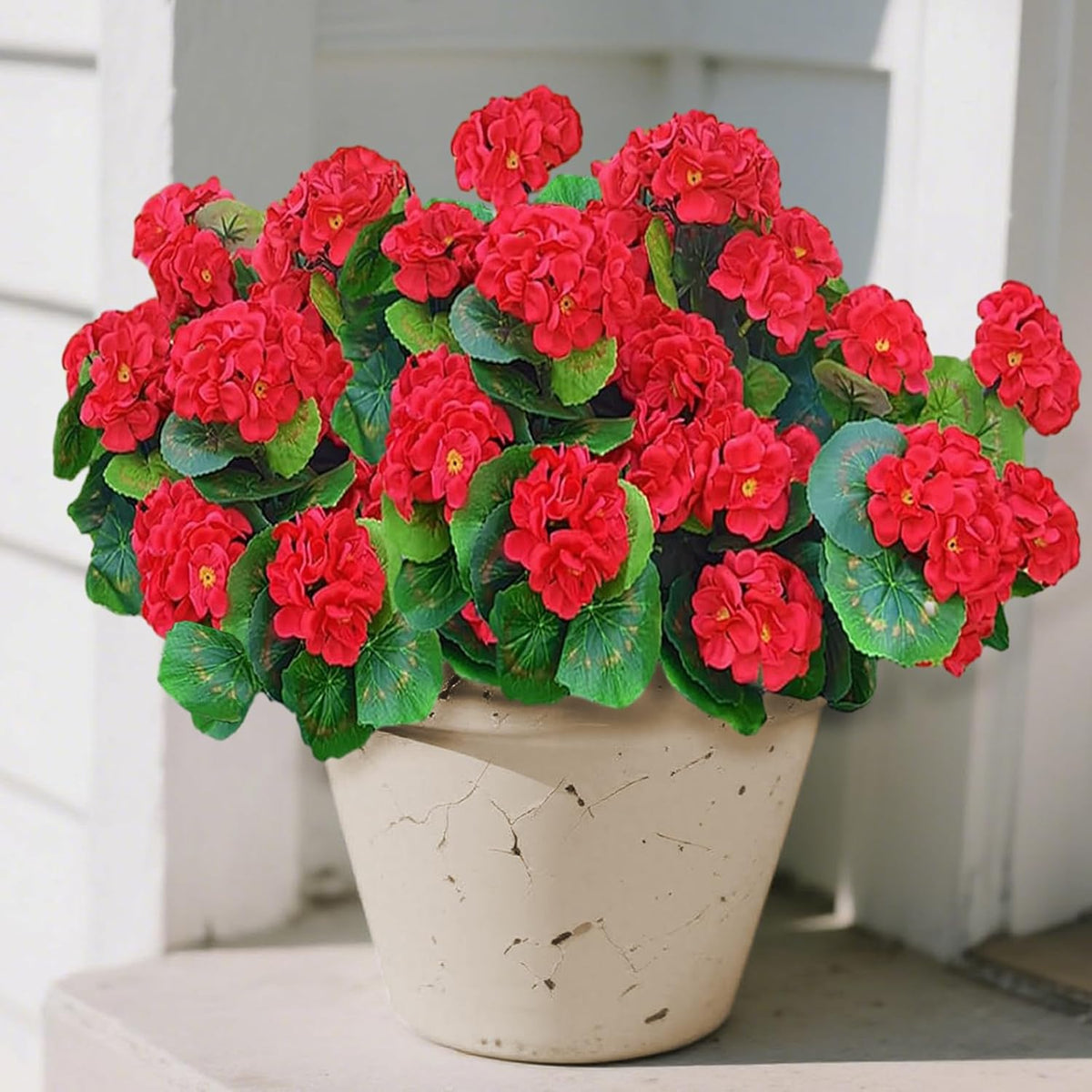 Fake Outdoor Flowers, 4 Pcs Artificial Flowers For Outdoors, Red Artificial Geraniums Plastic Flowers, Fake Plant For Outside, Silk Faux Flowers For Outdoor Planters Uv Resistant For Front Porch
