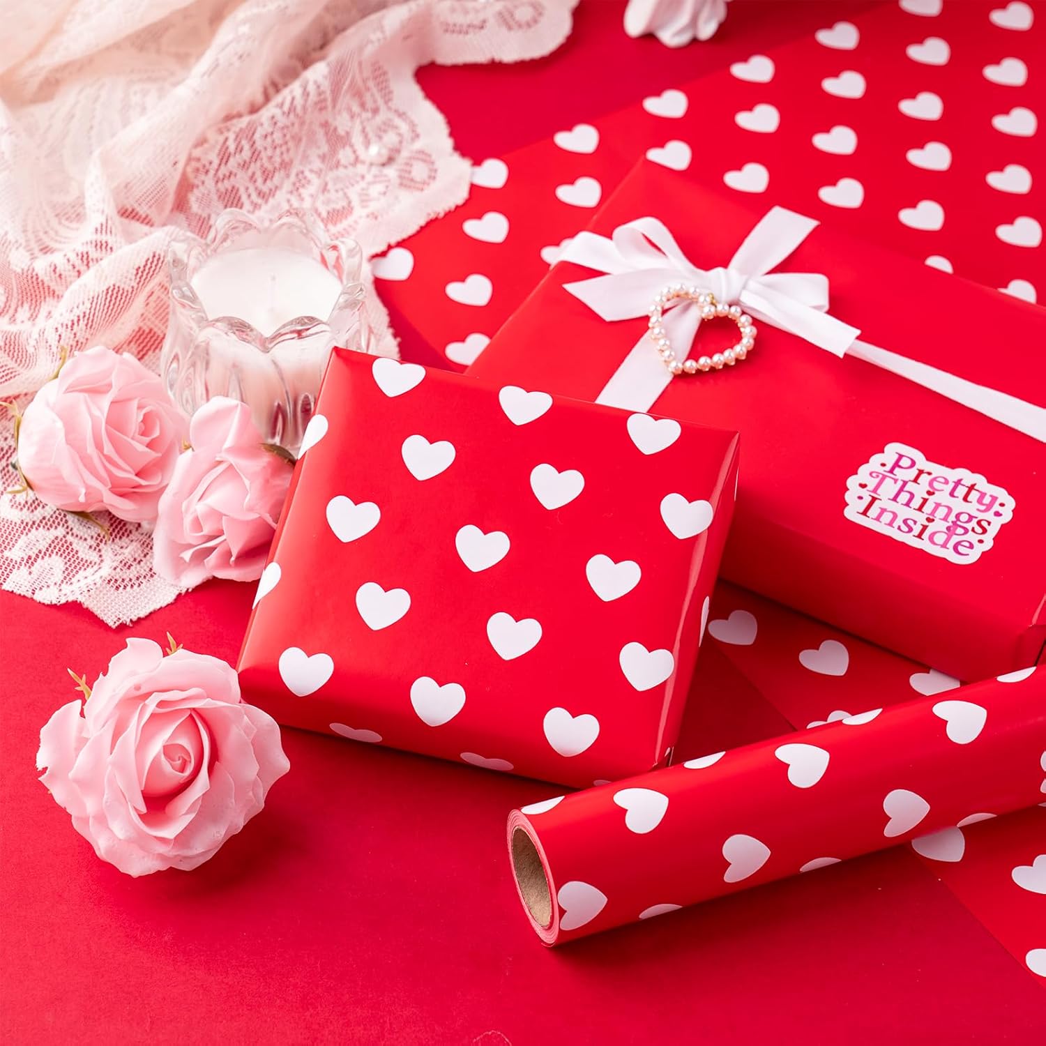 Reversible Valentine'S Day Wrapping Paper - Mini Roll - 17 Inch X 33 Feet - Red Love Heart Design For Valentine'S Day, Wedding, Anniversary, Birthday, Baby Shower