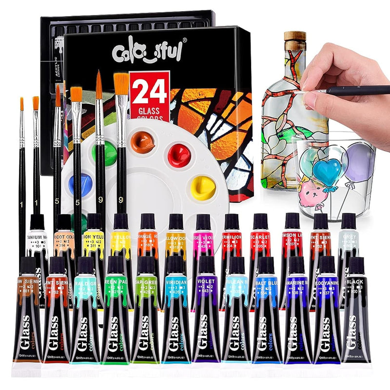 Stain Glass Paint Set With 6 Brushes, 1 Palette, 24 Color Waterproof Acrylic E