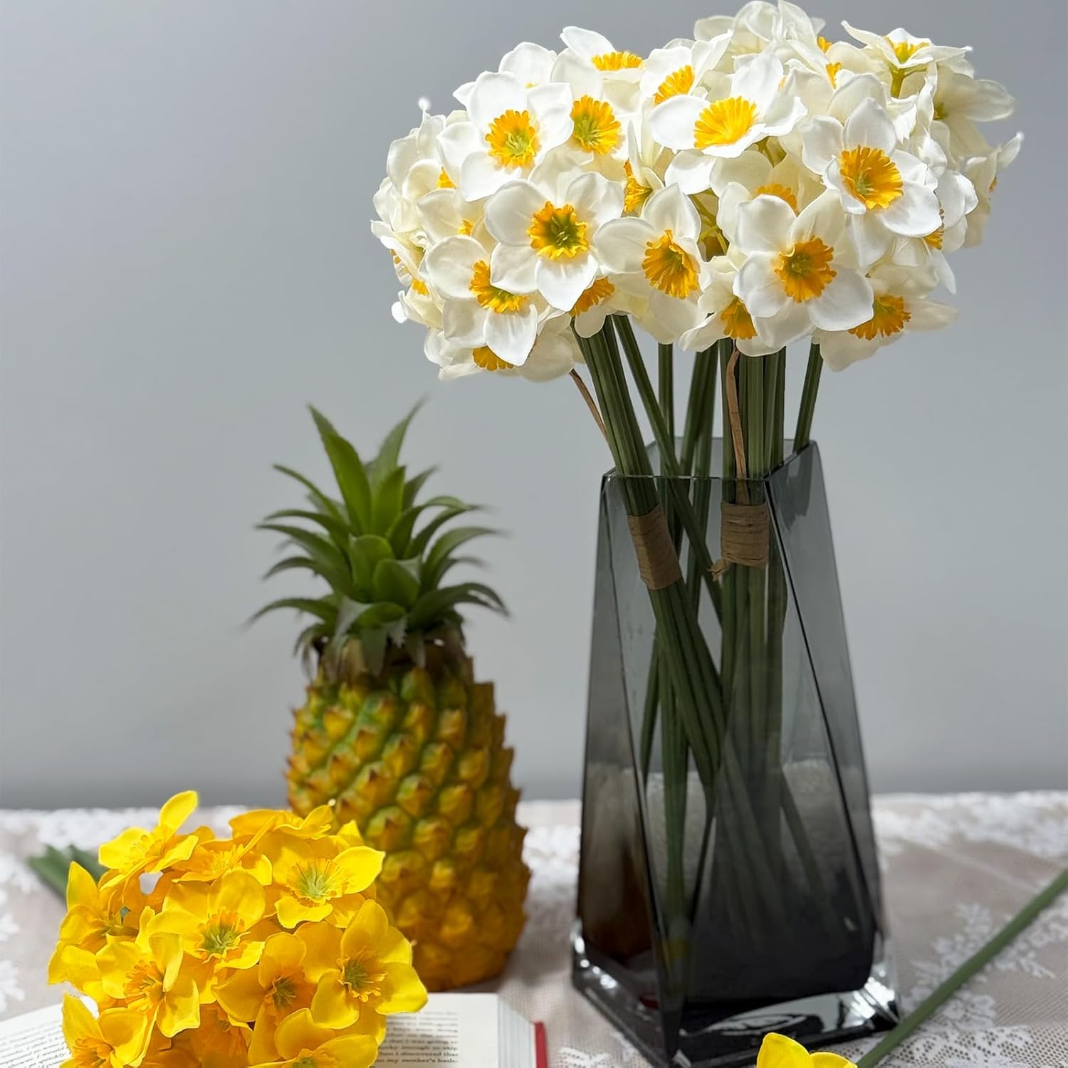 Artificial Flower Daffodil Silk Flowers Bouquet,12 Pcs,Decorative Home And Office Accent (White)
