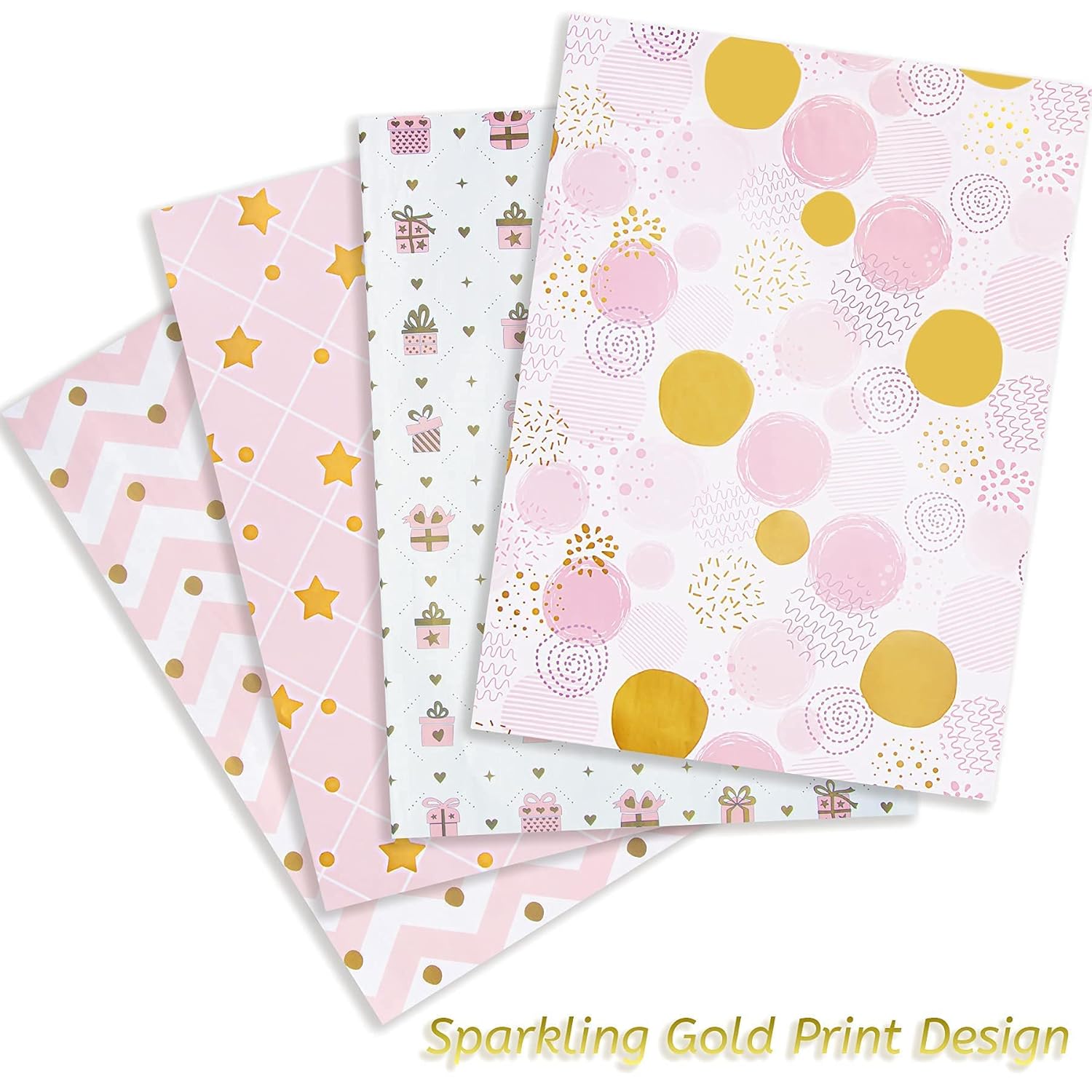 Wrapping Paper For Girl, Metallic Gold Foil Wrapping Paper, Pink Gift Wrap For Birthday, Valentines Day, Christmas, Wedding, Baby Shower,4 Sheets 27.5X19.6Inch