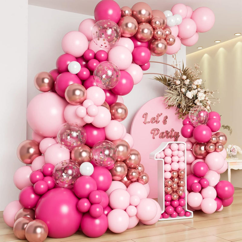 138Pcs Pink Balloon Garland Arch Kit With Different Size Hot Pink Whit