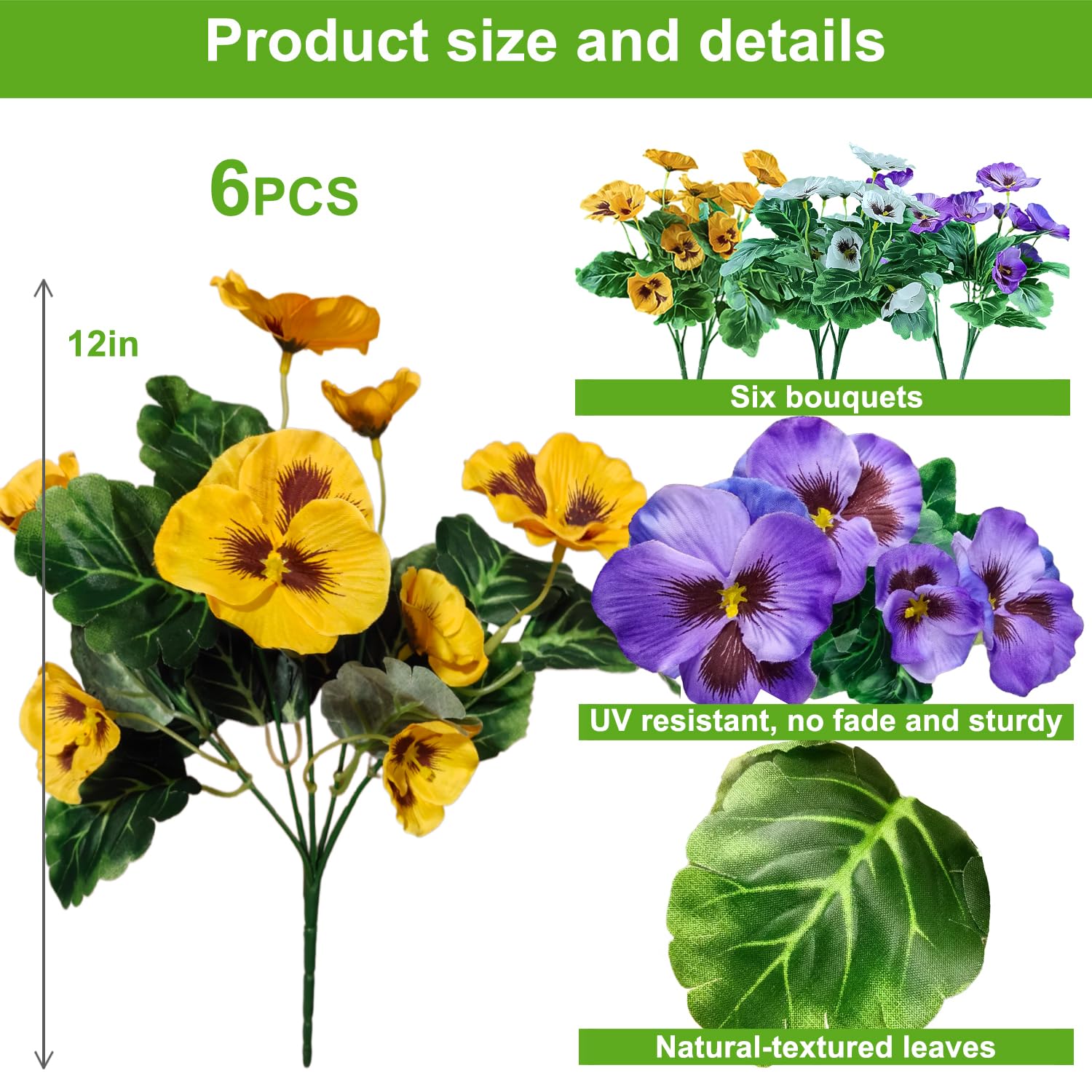6 Bundles Outdoor Artificial Pansy Flowers - Uv Resistant Silk Faux Pansies (Purple, Yellow, White) For Planter, Front Door, Porch, Yard, Patio, Window Box & Home Decor
