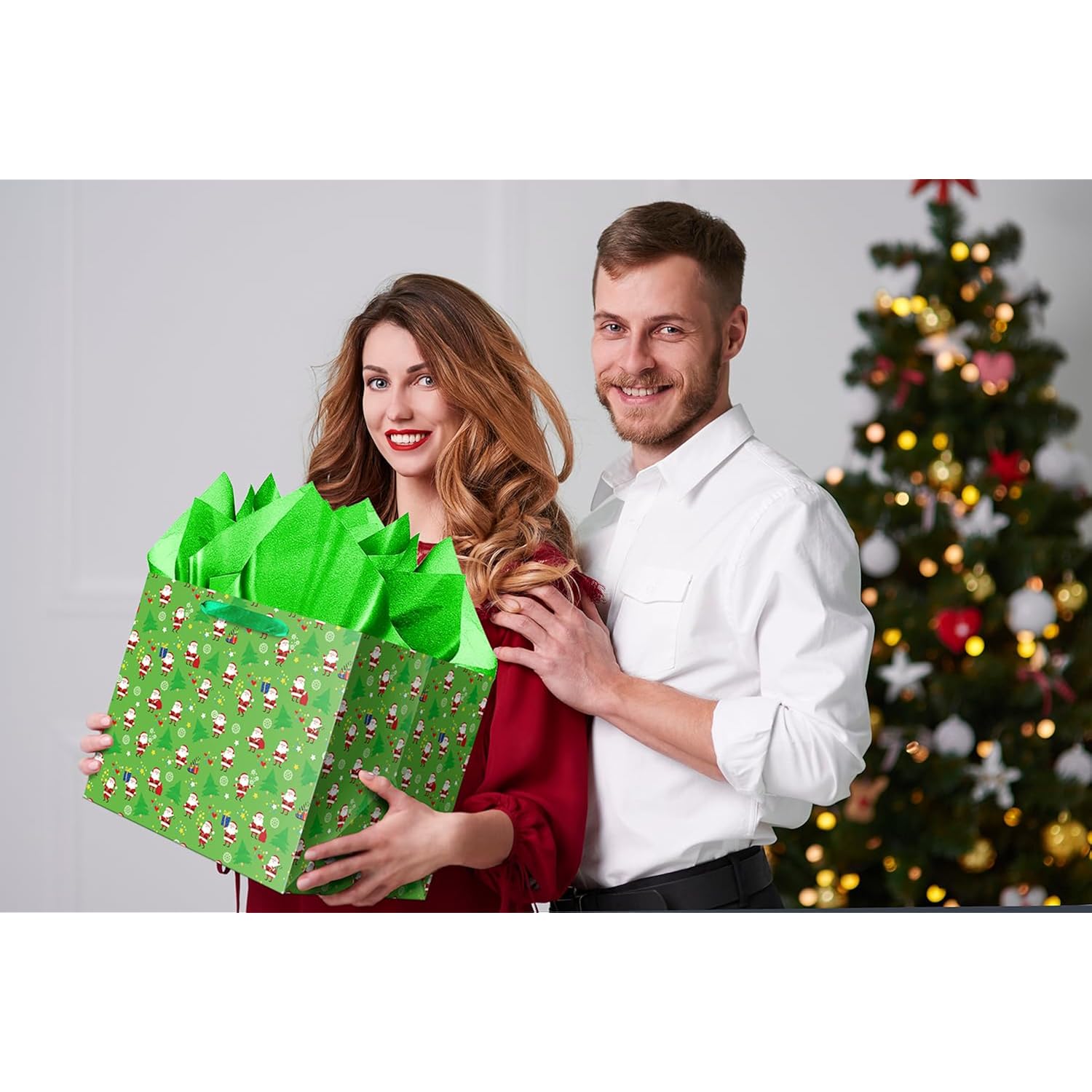 Extra Large Christmas Gift Bag With Tissue Paper, 11.8" Square Green Christmas Santa Claus Design Paper Bags With Handles For Xmas Holiday Presents Wrapping.