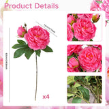 4Pcs Large Peonies Artificial Flowers, Hot Pink Fake Silk Peony With Long Stem, Faux Peonies Flowers For Tall Vase Centerpiece Table Wedding Party Home Festival Decor
