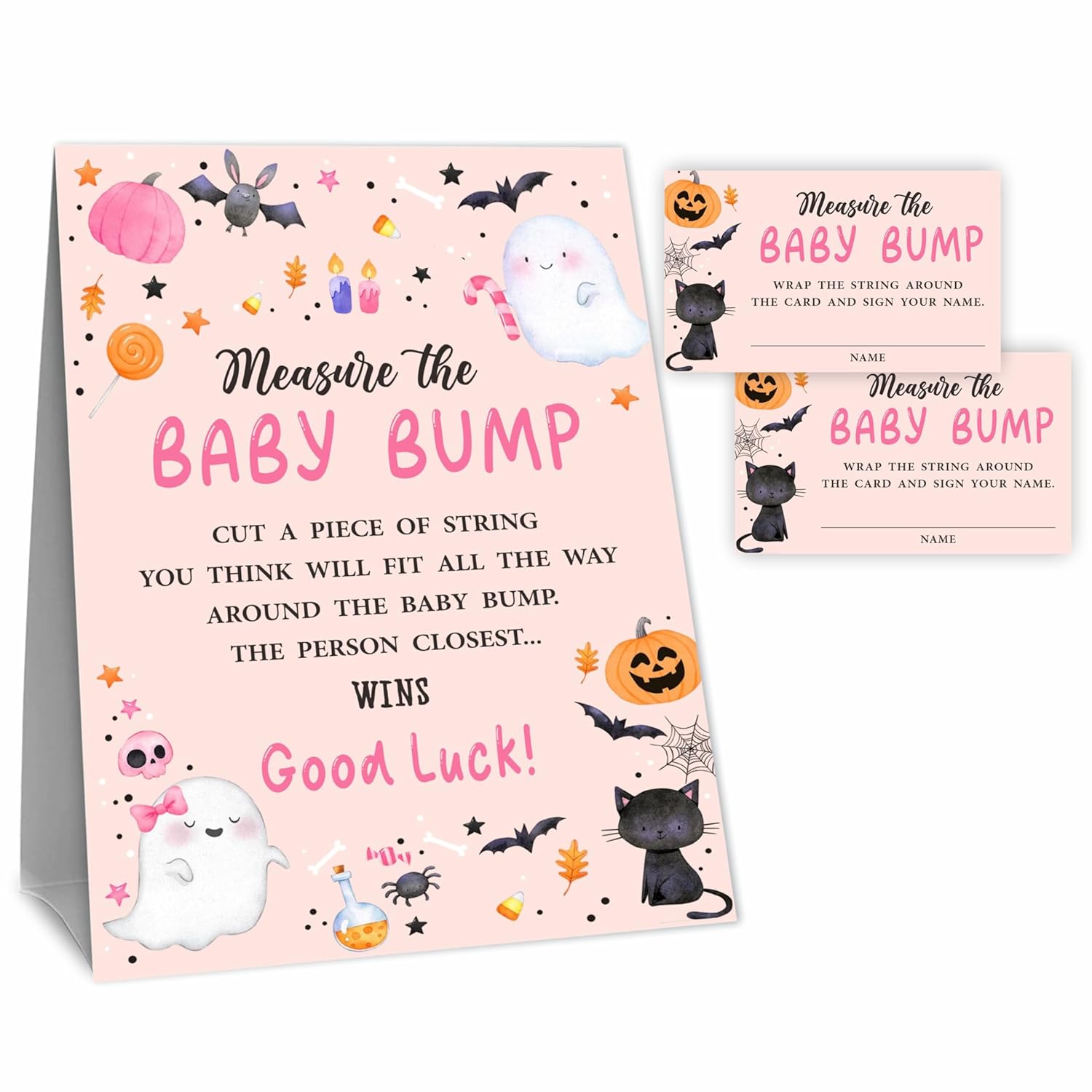 Halloween Blush Baby Shower Measure The Baby Bump Game Kit - Pumpkin & Ghost - 1 Self-Standing Sign & 50 Tickets - How Big Is Mommy'S Belly Sign - Gender Reveal Party Suppliea05