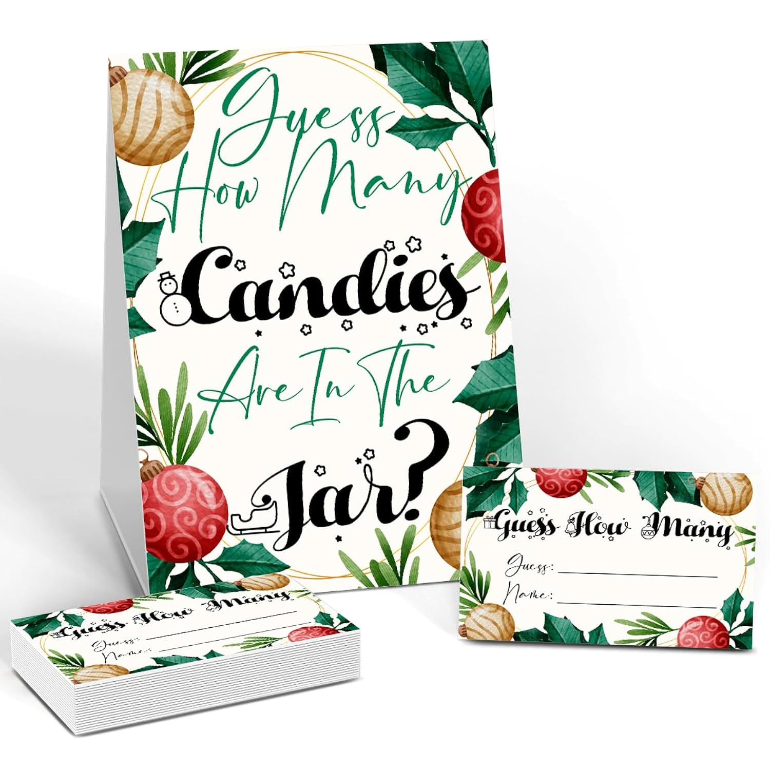 Christmas Games - How Many Are In The Jar, 1 Game Sign + 50 Guessing Cards, Christmas Party Game And Activity For Christmas Baby Shower, Christmas Party Decorations Sdj01