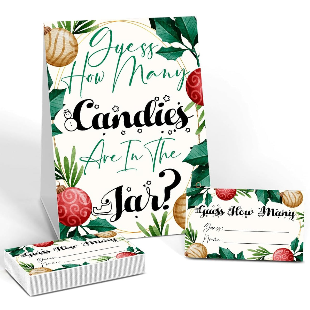 Christmas Games - How Many Are In The Jar, 1 Game Sign + 50 Guessing Cards, Christmas Party Game And Activity For Christmas Baby Shower, Christmas Party Decorations Sdj01
