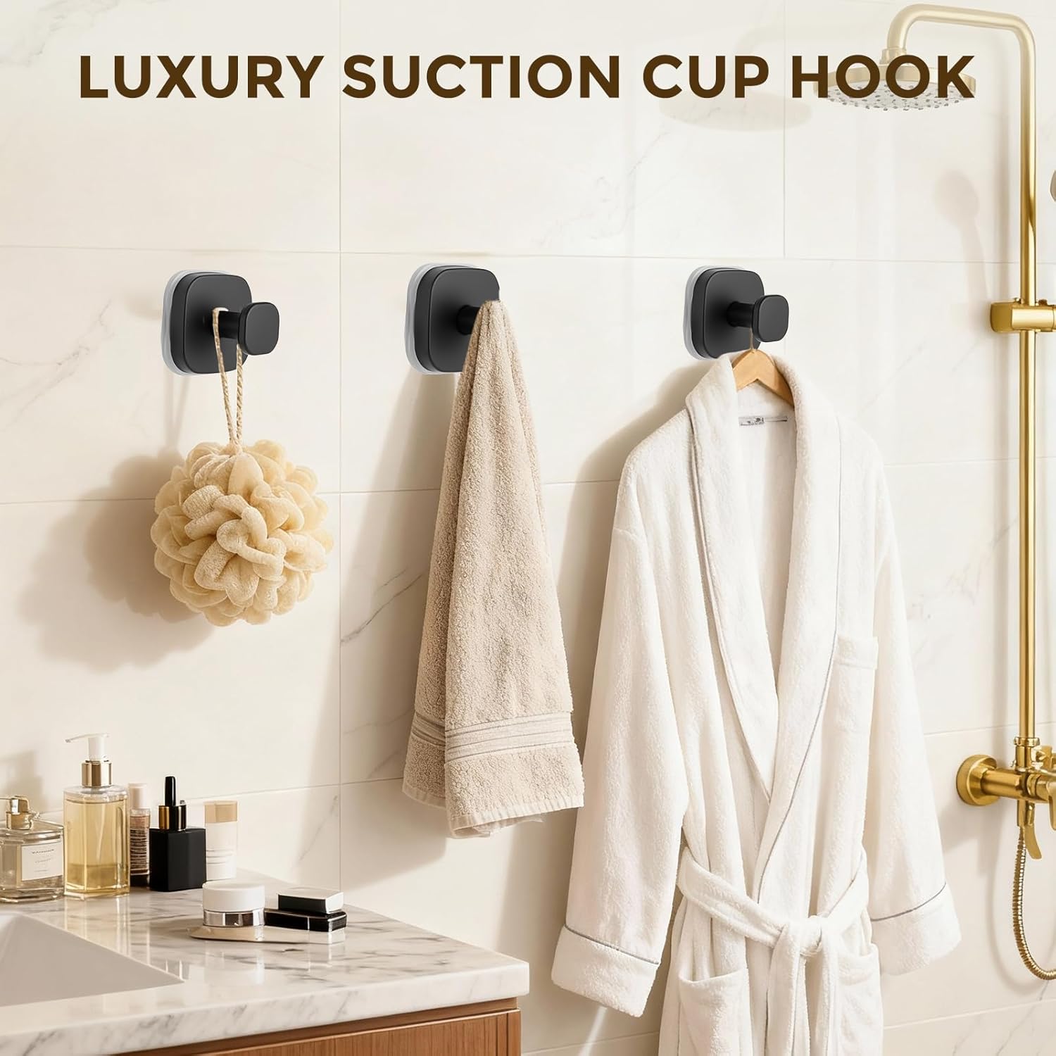 Suction Cup Hooks For Shower, No-Drill Towel Hooks For Bathrooms, Kitchen, Glass Door, Mirror, Tile, Shower Suction Hooks For Hanging Towels, Robe, Loofah, Christmas Wreath (Matte Black, 2 Pack)