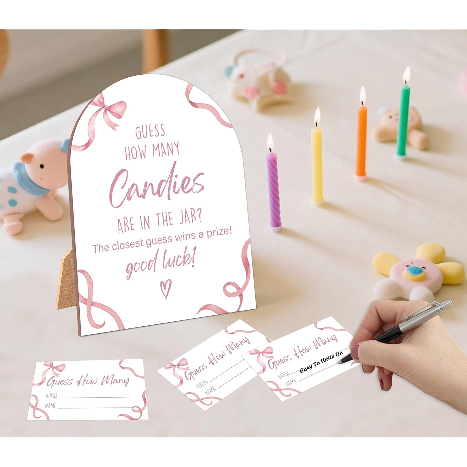 51 Pcs Pink Bow Guess How Many Candies Are In The Jar Game, Pink Baby Shower Game, 6X8 Inch Arch Wooden Sign With Stand And 50 Guessing Cards, Gender Neutral Party Decoration - Wf01