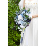 10 Inch Dusty Blue Wedding Bouquets For Bride Artificial Roses Flower Cascading Cascade Bridal Bouquet For Rustic Boho Fall Vintage Wedding Ceremony Party And Anniversary