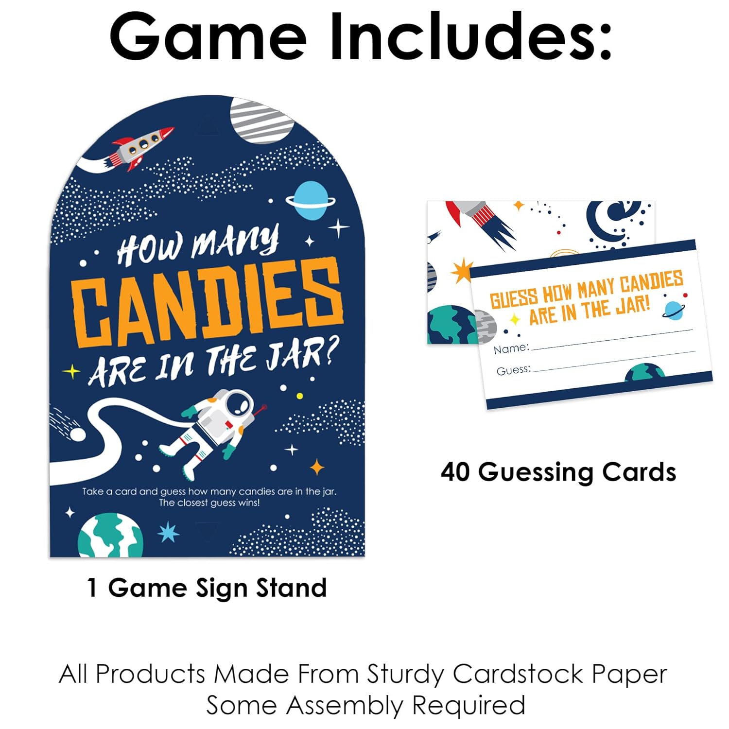 Big Dot of Happiness Blast Off to Outer Space - How Many Candies Rocket Ship Baby Shower or Birthday Party Game - 1 Stand and 40 Cards - Candy Guessing Game
