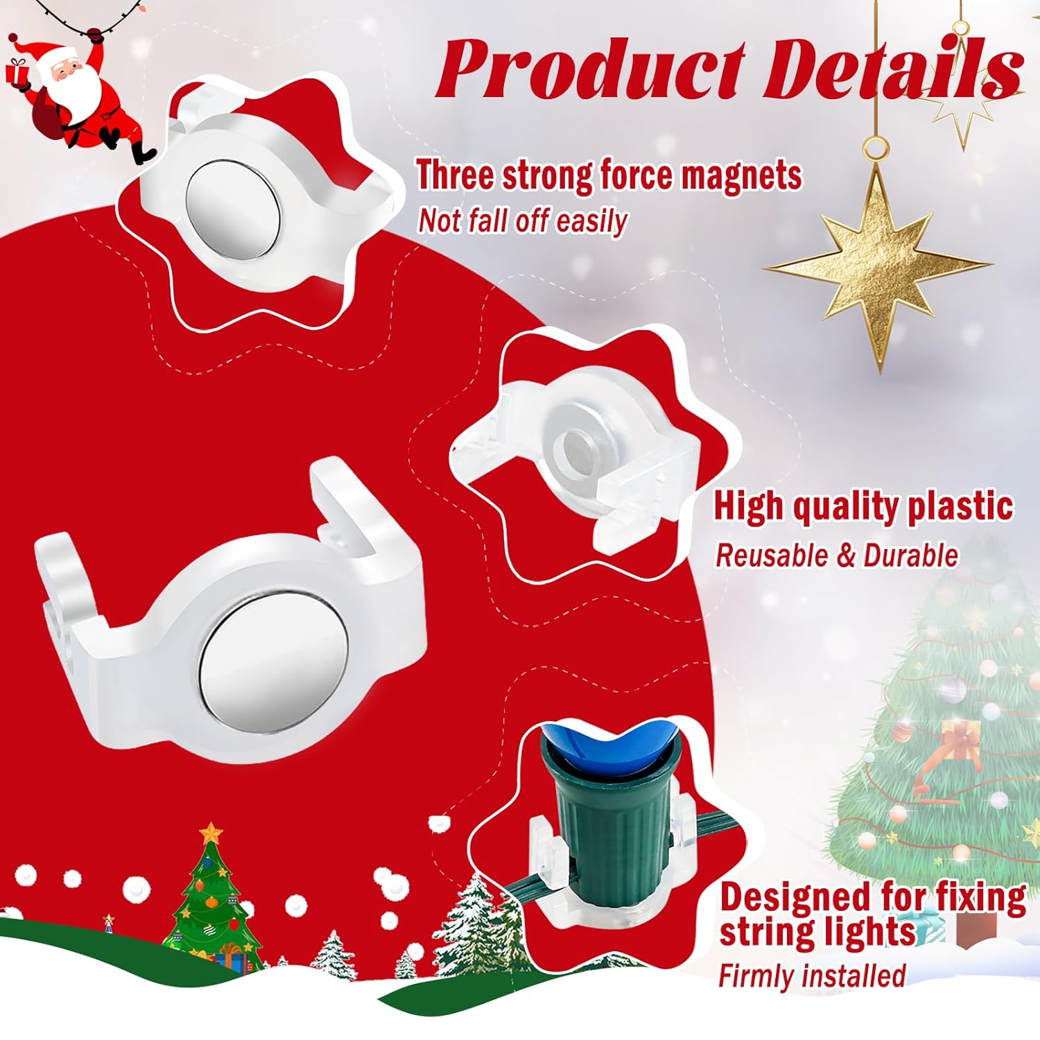 100 Pack C9 Magnetic Christmas Light Clips, Extra Strong Magnetic Clip Hooks For Christmas Lights, Magnet Light Clips For C9 C7 Sockets Metal Roof Gutters Outside Patio Holiday