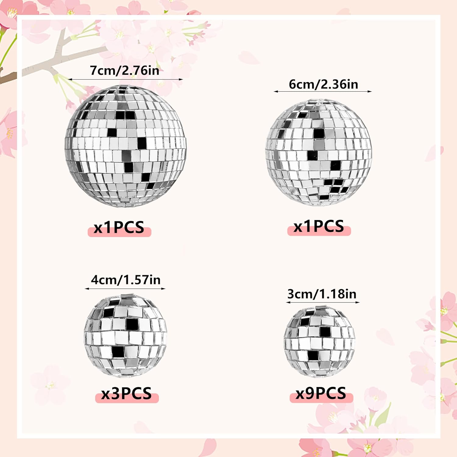 14 Pcs 1.18Inch 1.57Inch 2.36Inch 2.76Inch Disco Ball Cake Decoration Ornaments Reflective Mirror Ball Cake Decoration 70S Disco Themed Party Christmas Tree Decoration