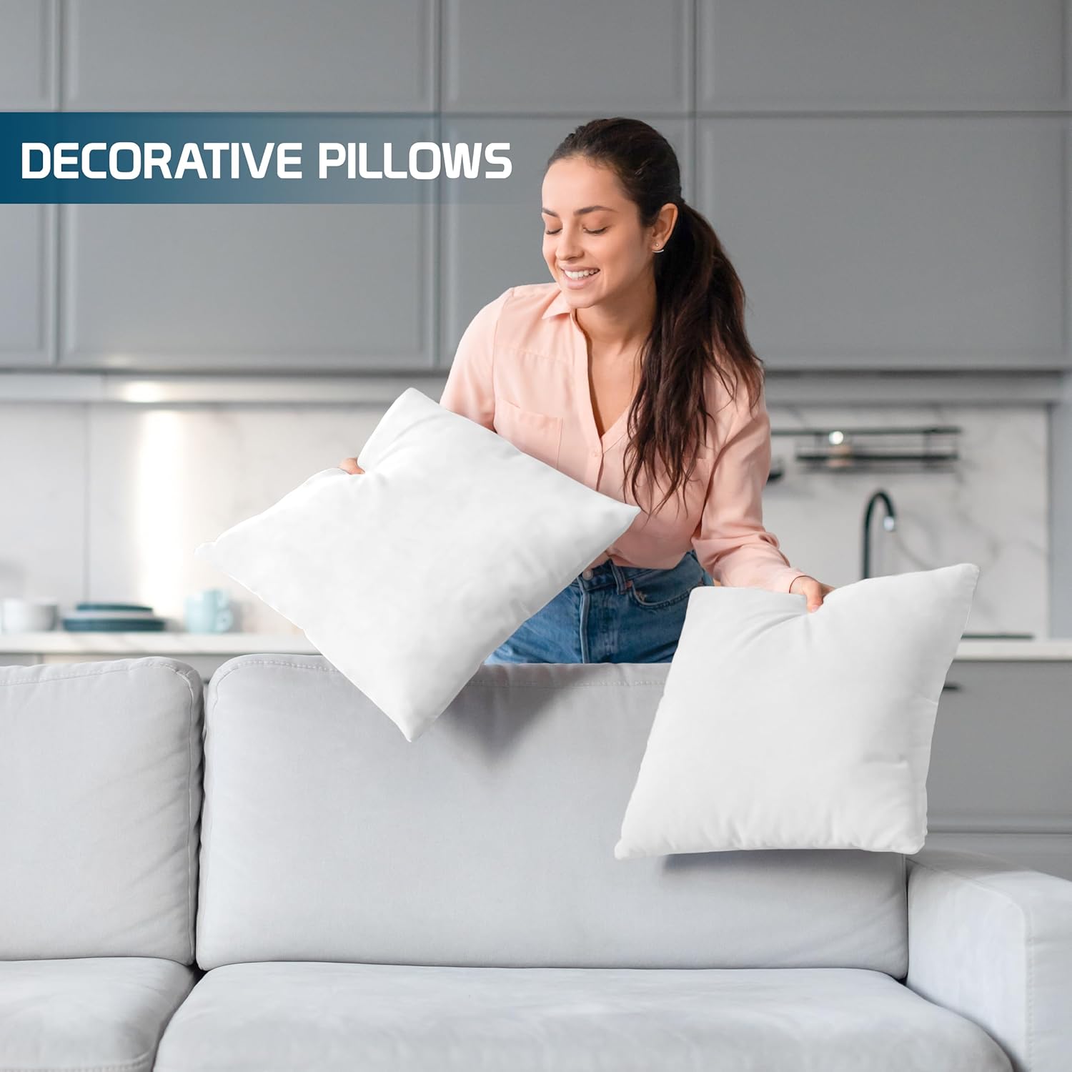 Throw Pillows (Set Of 4, White) – 18 X 18 Inches Down Alternative Pillows For Bed, Sofa, And Couch - Fluffy Decorative Stuffer Pillow For Indoors & Outdoors