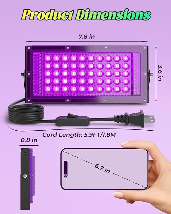 2 Pack 50W LED Black Light Flood Light IP66 Waterproof UV Glow Party Outdoor Neon Halloween Lighting