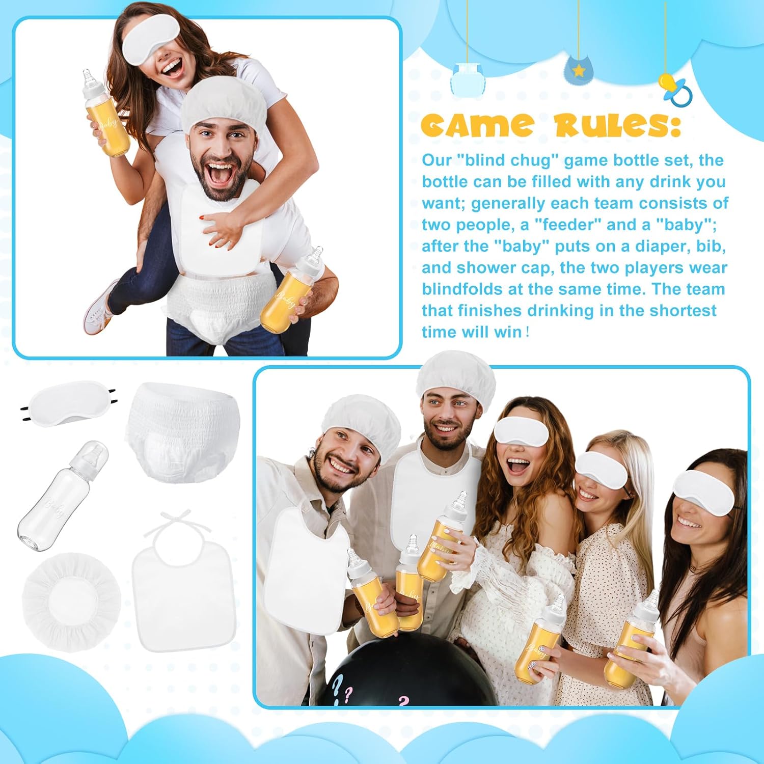 6 Sets Bottle Chug Baby Shower Blind Games Juegos Para Include Plastic Bottles Bibs Hat Eye Mask Disposable Diapers Blindfolded Baby Shower Bottle Games Gender Reveal Decoration (White)