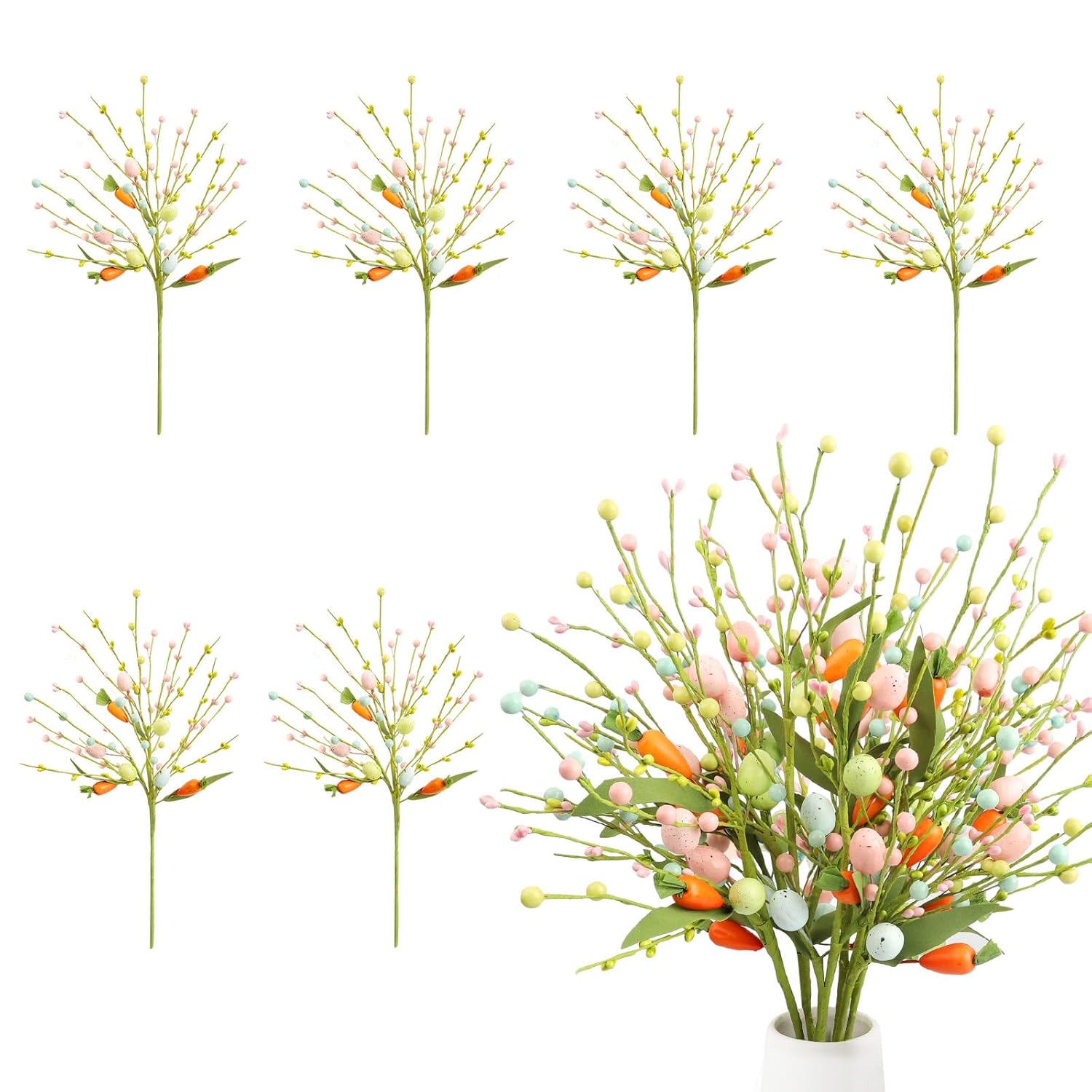 Easter Decorations, 6 Pcs Artificial Easter Stems With Easter Eggs And Berries, Easter Egg Twig Branches For Floral Arrangement, Easter Home Decor For Flower Arrangement