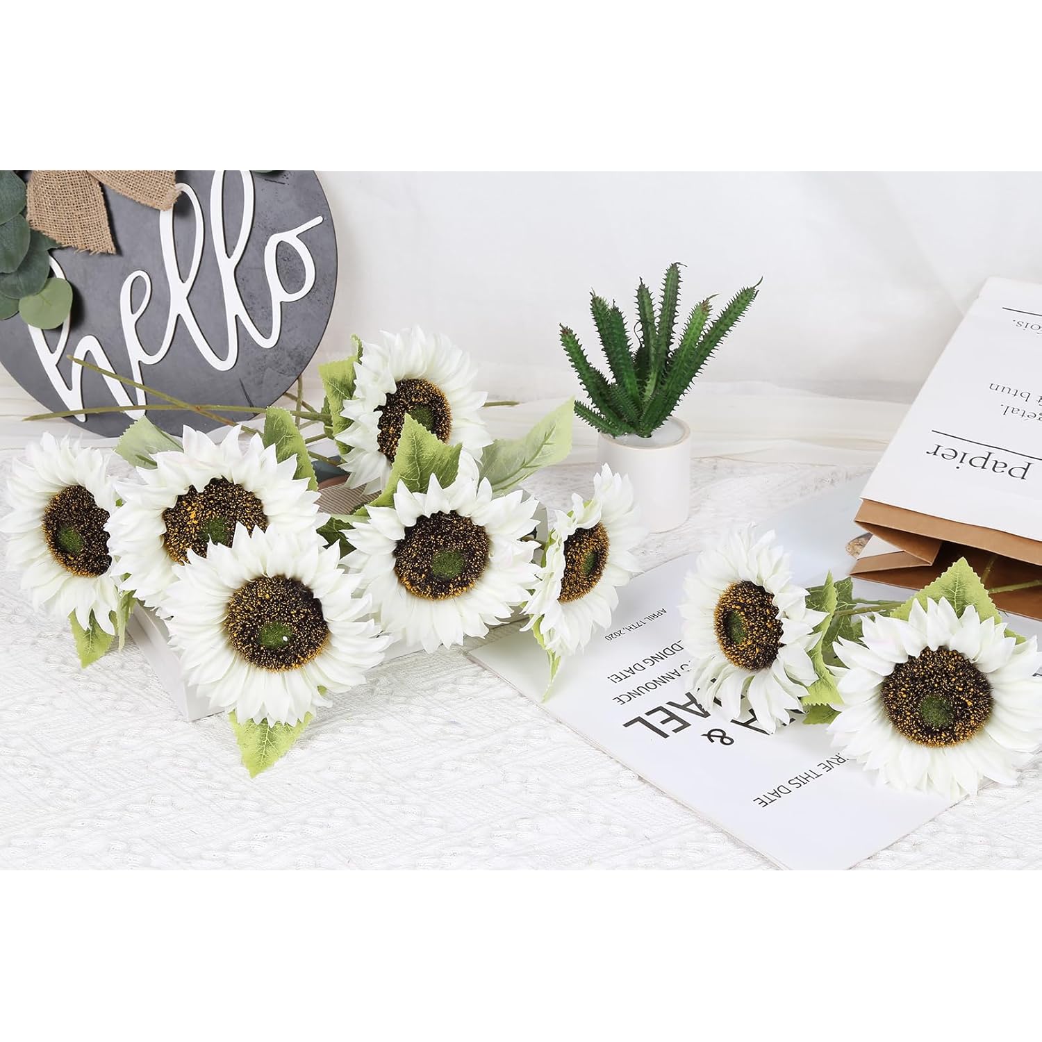 Artificial Sunflowers 20" Sunflowers Artificial Flowers 8Pcs Long Stem Sunflowers With Leaves Large Silk Fake Sunflowers Decoration For Outdoor Home Party Wedding Diy Decor(White)