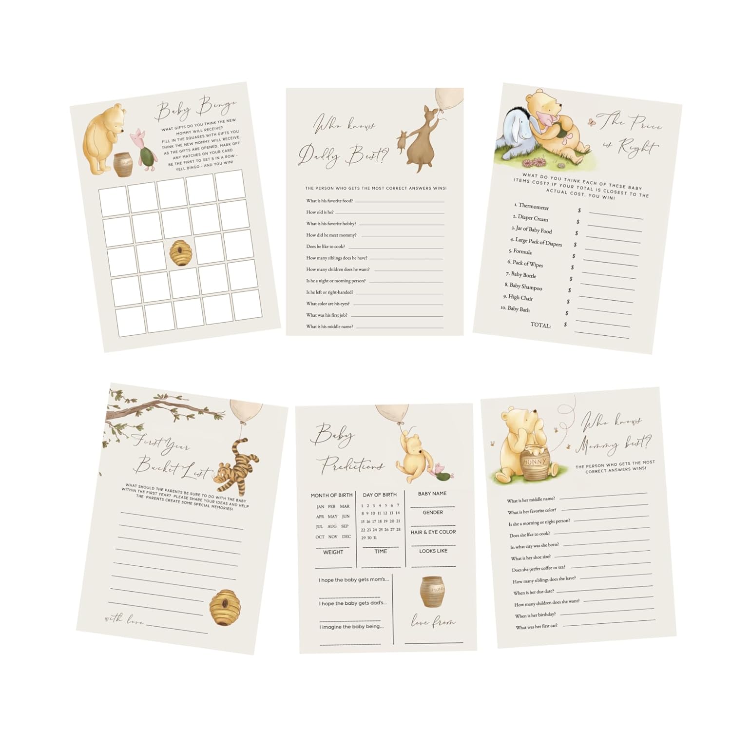 Vintage Winnie Baby Shower Games Bundle For 20 Guests Classic Gender Neutral Bingo Card Pooh Party Game First Birthday Supplies