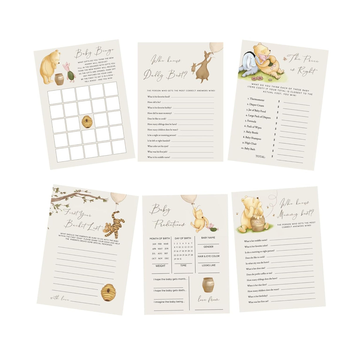 Vintage Winnie Baby Shower Games Bundle For 20 Guests Classic Gender Neutral Bingo Card Pooh Party Game First Birthday Supplies