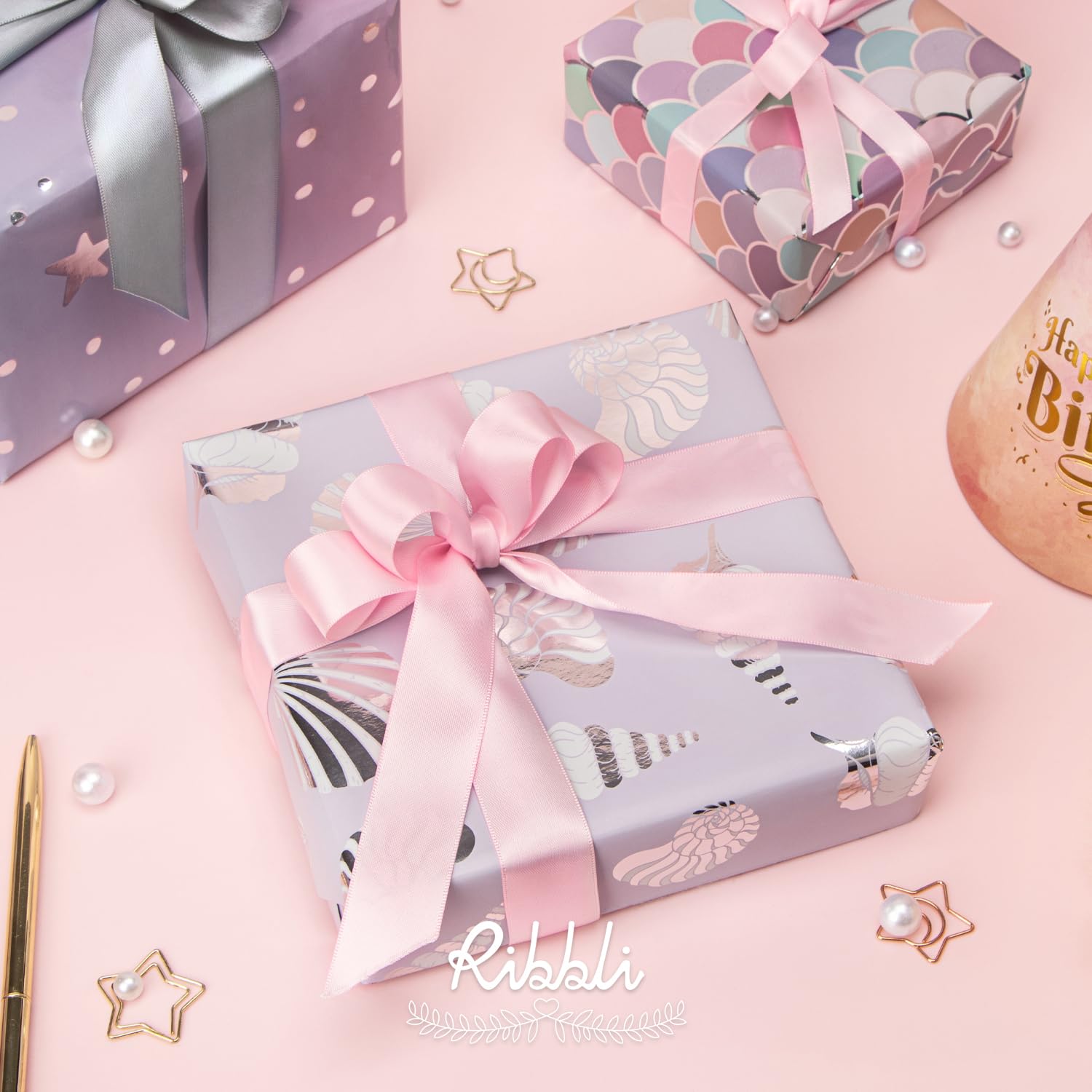 Mermaid Scale Scallop Birthday Wrapping Paper 3 Rolls Pink And Lavender Purple Mermaid Wrapping Paper For Girls- Mini Roll 17 Inch X 120 Inch(10Feet) Per Roll