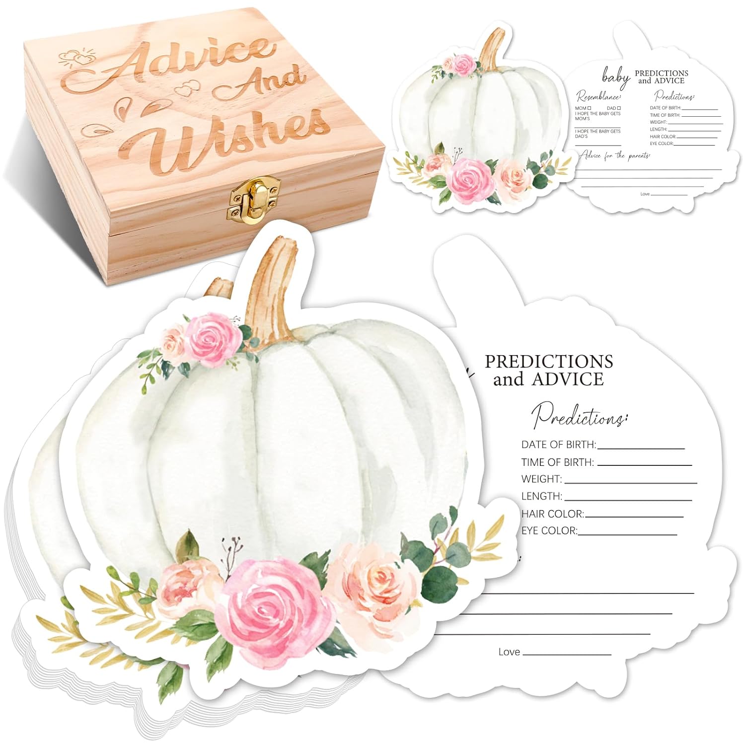 50Pcs Fall Baby Shower Advice & Wishes Double-Sided Floral Pumpkin Baby Predictions And Advice Cards With Wooden Keepsake Box For Autumn Thanksgiving Gender Reveal Party Games