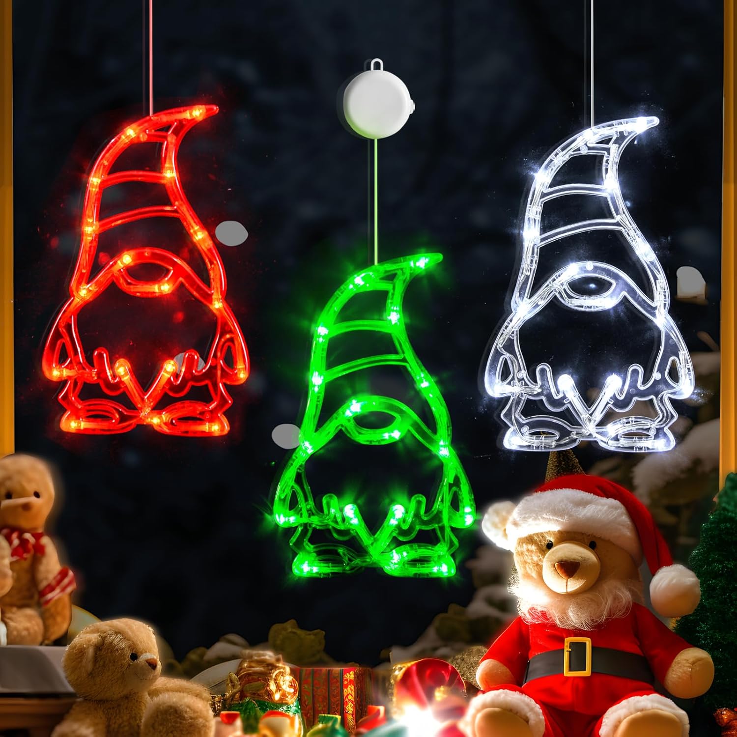 Christmas Window Lights 3 Pack Red White And Green Gnomes Xmas Lights With Suction Cups 2024 Upgrade Timer Function And