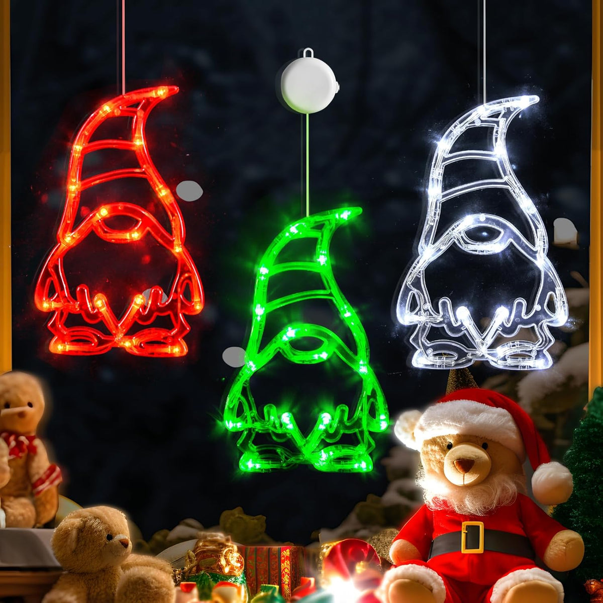 Christmas Window Lights 3 Pack Red White And Green Gnomes Xmas Lights With Suction Cups 2024 Upgrade Timer Function And