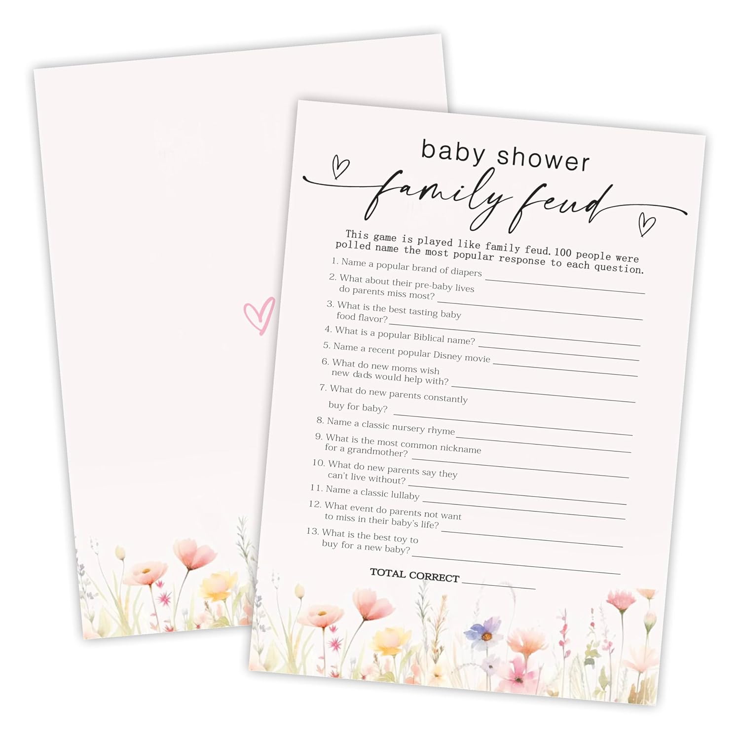 5X7 Inch Baby Shower Game Cards With Answer Card- 50 Pack Baby Family Feud - Pink Floral Watercolor Design For Girls, Funny Gender Reveal Party Favor,Party Game & Activities (A06)
