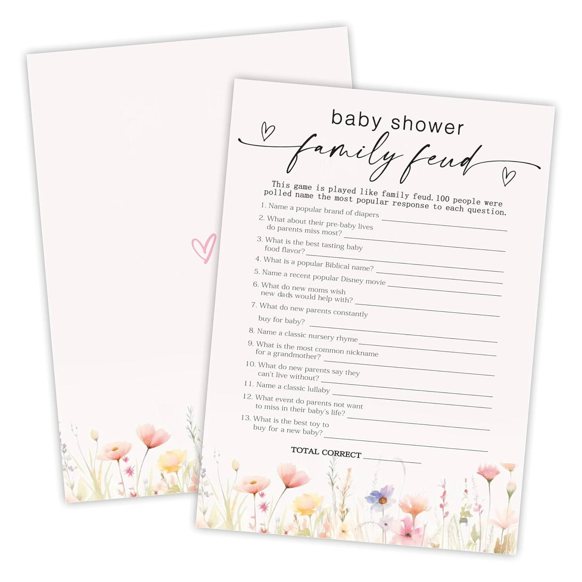 5X7 Inch Baby Shower Game Cards With Answer Card- 50 Pack Baby Family Feud - Pink Floral Watercolor Design For Girls, Funny Gender Reveal Party Favor,Party Game & Activities (A06)