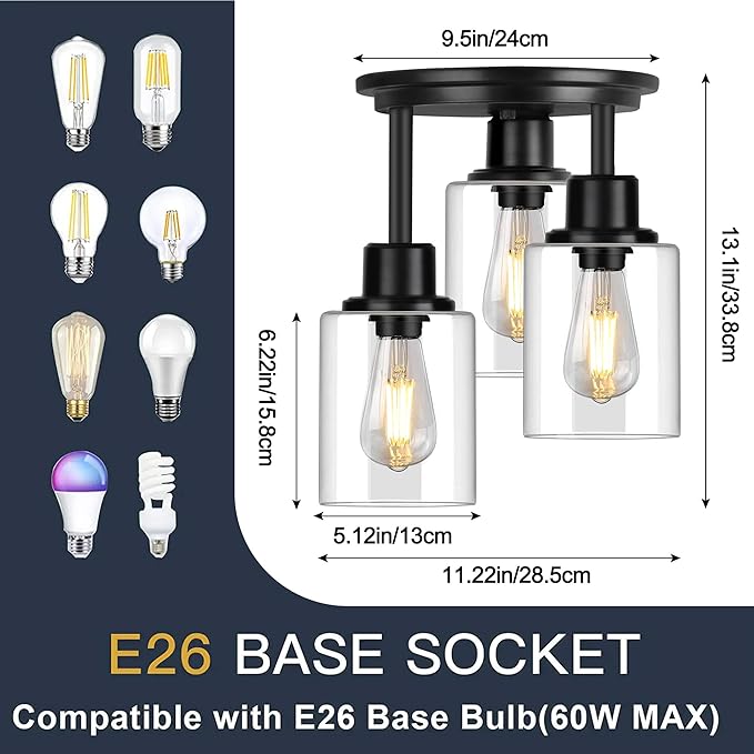 3 Light Black Semi Flush Mount Ceiling Light with Clear Glass Shades Modern Fixture