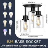 3 Light Black Semi Flush Mount Ceiling Light with Clear Glass Shades Modern Fixture