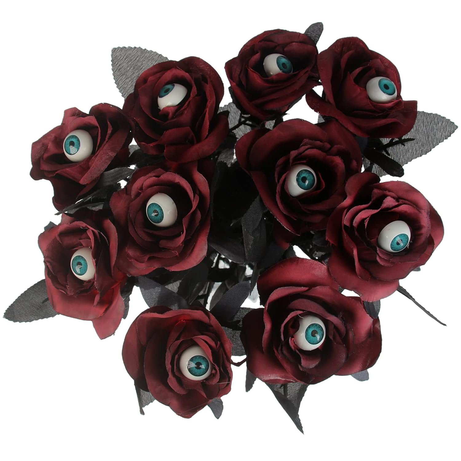 10 Pcs Artificial Bloody Roses With Eyeball Flower Bouquet Faux White And Red Roses Bundles 16" Fake Realistic Rosa For Flowers Arrangements Halloween Parties Home Decor (10, Maroon)